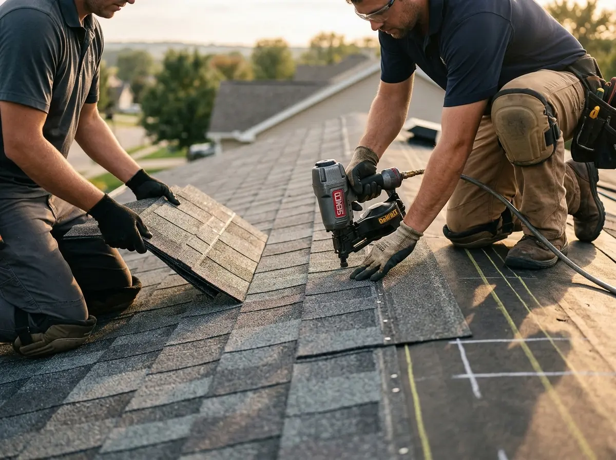 Professional roofer working on a residential roof in Providence